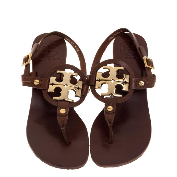 Pre Owned Tory Burch Tan Leather Logo Thong Slingbck Sandals Size 36.5