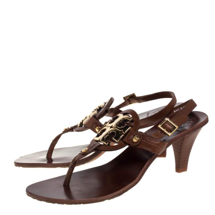 Pre Owned Tory Burch Tan Leather Logo Thong Slingbck Sandals Size 36.5