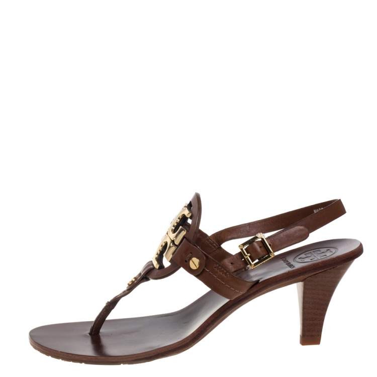 Pre Owned Tory Burch Tan Leather Logo Thong Slingbck Sandals Size 36.5