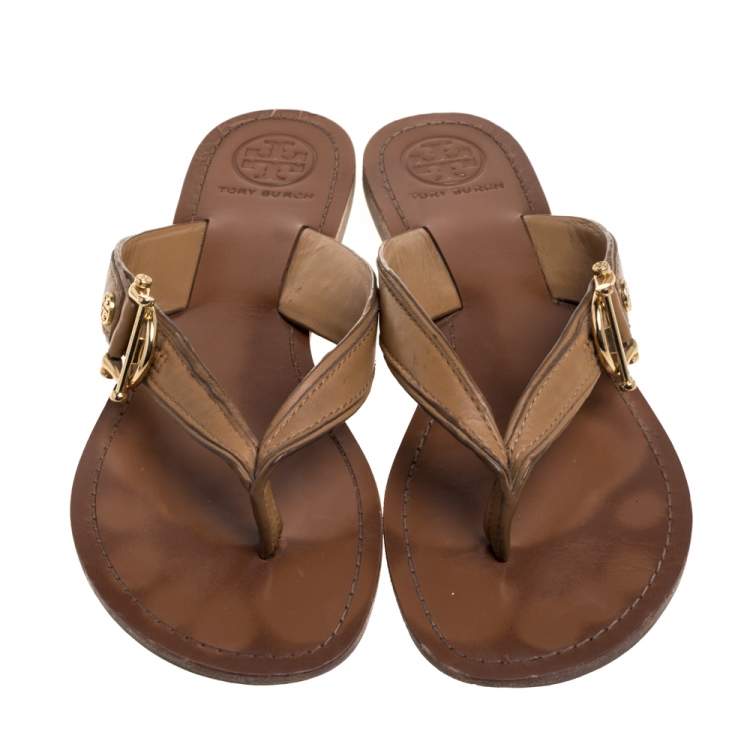 مملوكة مسبقًا Tory Burch Beige Leather Thong Flats Size 39