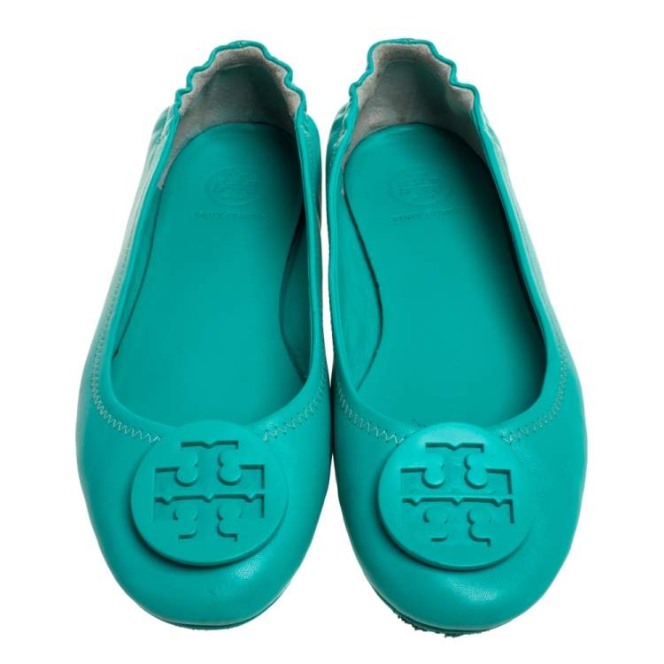 Pre Owned Tory Burch Green Leather Ballet  Flats Size 38