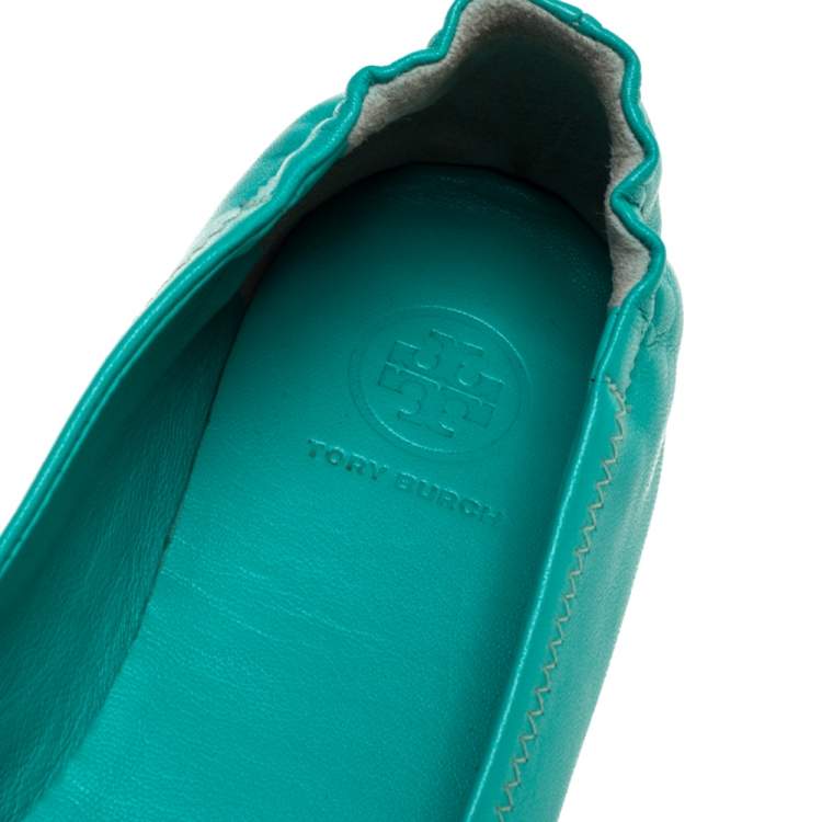 Pre Owned Tory Burch Green Leather Ballet  Flats Size 38