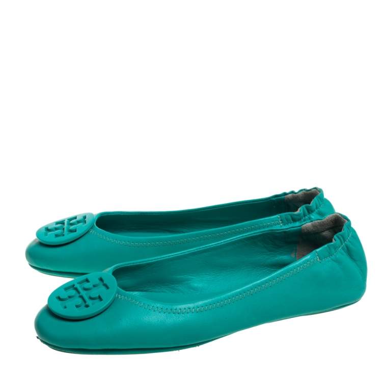 Pre Owned Tory Burch Green Leather Ballet  Flats Size 38