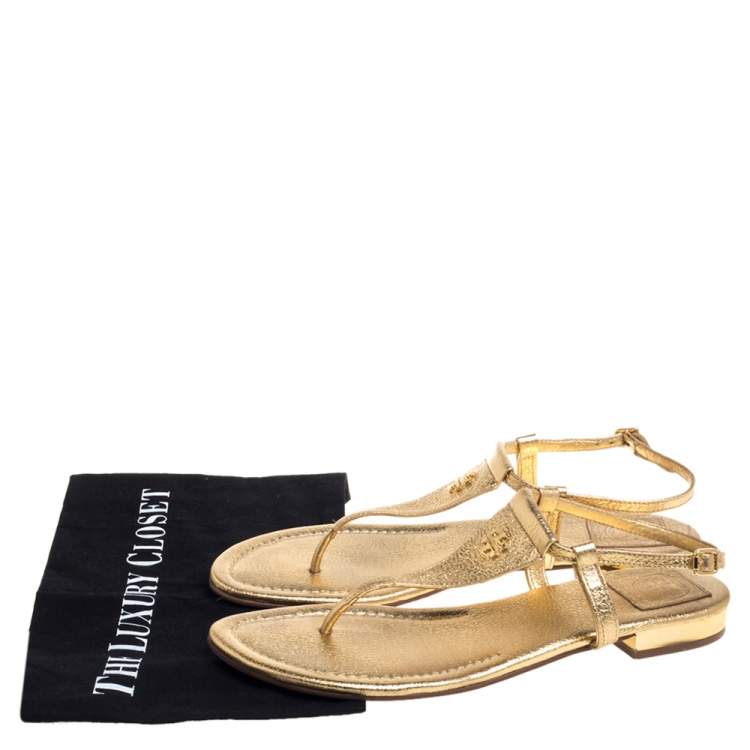 Pre Owned Tory Burch Gold Leather Thong Flat Sandals Size 39