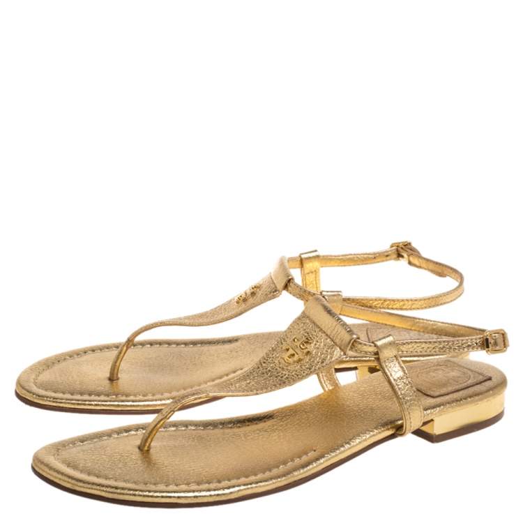 Pre Owned Tory Burch Gold Leather Thong Flat Sandals Size 39