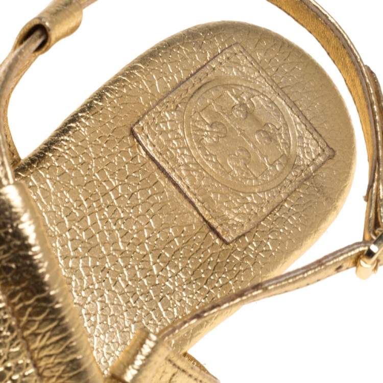 Pre Owned Tory Burch Gold Leather Thong Flat Sandals Size 39