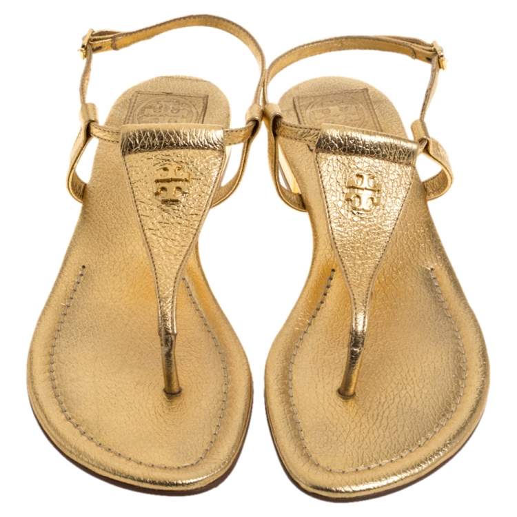 Pre Owned Tory Burch Gold Leather Thong Flat Sandals Size 39