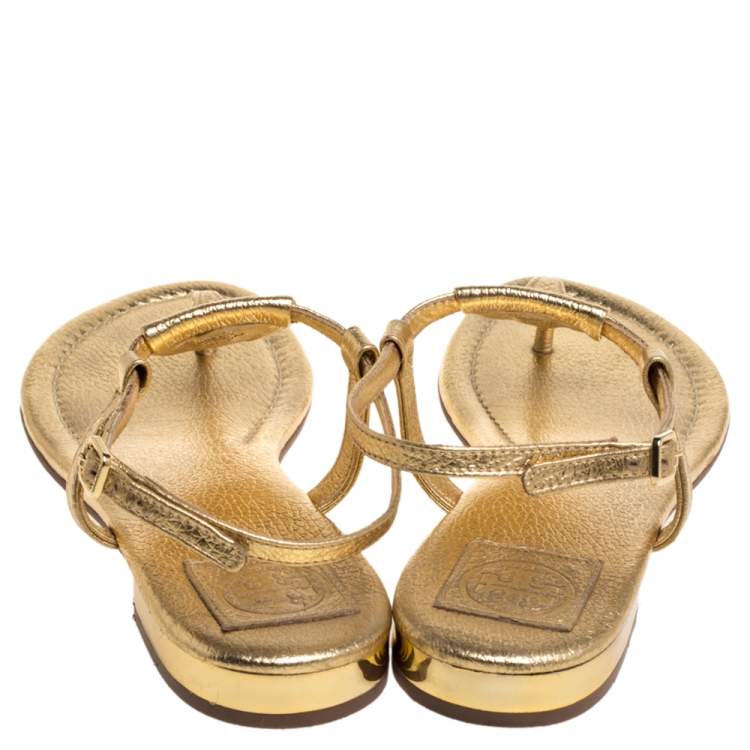Pre Owned Tory Burch Gold Leather Thong Flat Sandals Size 39