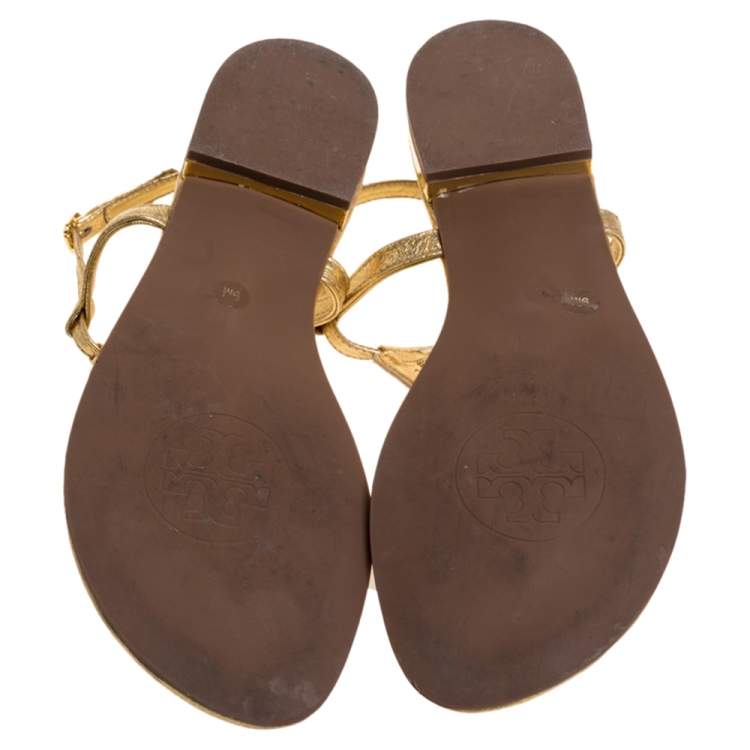 Pre Owned Tory Burch Gold Leather Thong Flat Sandals Size 39