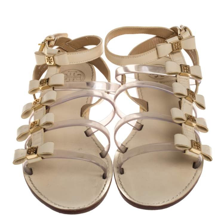Pre Owned Tory Burch Cream Leather And PVC Gladiator Flat Sandals Size 38