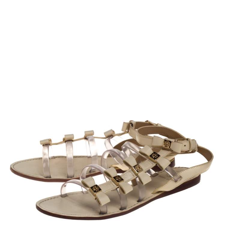 Pre Owned Tory Burch Cream Leather And PVC Gladiator Flat Sandals Size 38