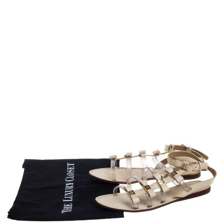 Pre Owned Tory Burch Cream Leather And PVC Gladiator Flat Sandals Size 38