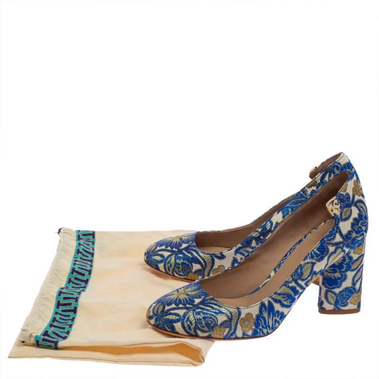 Pre Owned Tory Burch Multicolor Jacquard Fabric New Classic Luxury Heel Pumps Size 38.5