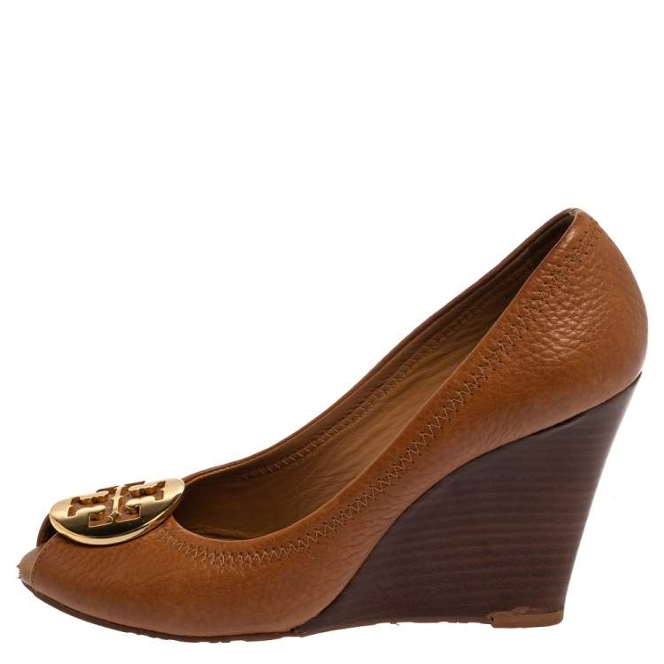 Pre Owned Tory Burch Tan Leather Wedge Peep Toe Pumps Size 37