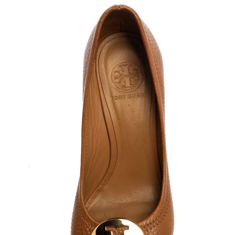 Pre Owned Tory Burch Tan Leather Wedge Peep Toe Pumps Size 37