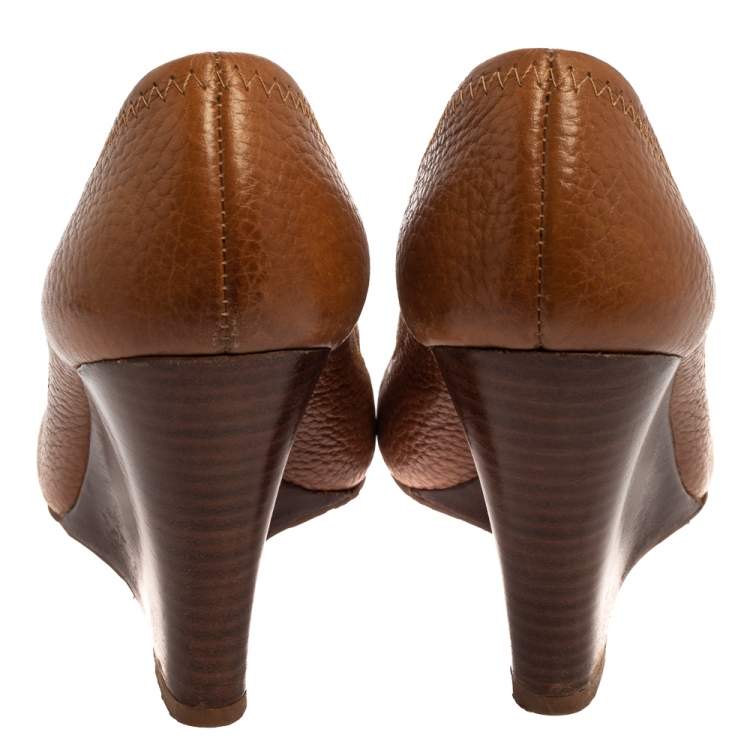 Pre Owned Tory Burch Tan Leather Wedge Peep Toe Pumps Size 37
