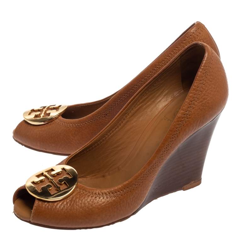Pre Owned Tory Burch Tan Leather Wedge Peep Toe Pumps Size 37