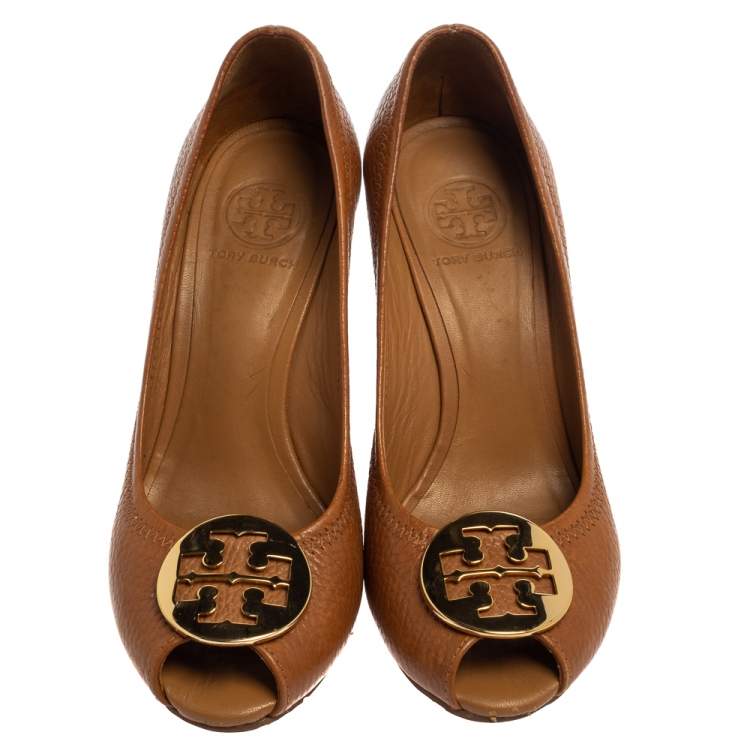 Pre Owned Tory Burch Tan Leather Wedge Peep Toe Pumps Size 37
