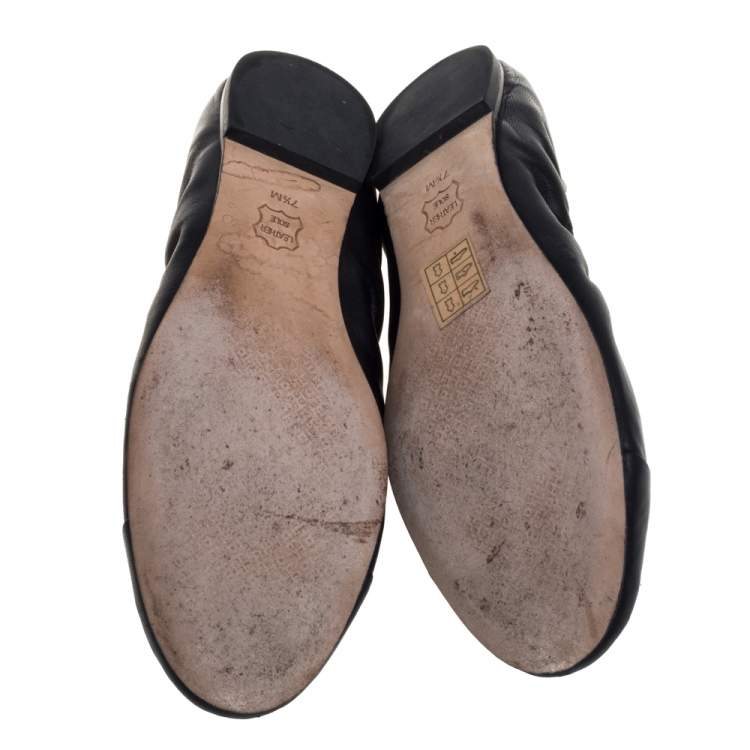 Pre Owned Tory Burch Black Leather Cap Toe Scrunch Ballet Flats Size 37.5 