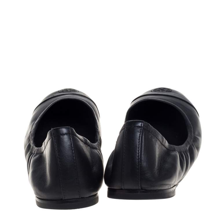 Pre Owned Tory Burch Black Leather Cap Toe Scrunch Ballet Flats Size 37.5 