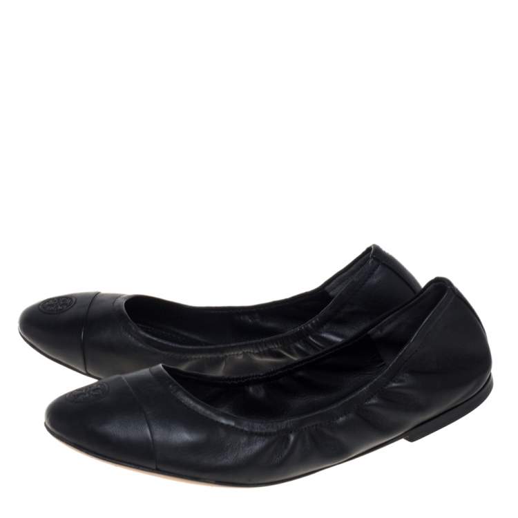 Pre Owned Tory Burch Black Leather Cap Toe Scrunch Ballet Flats Size 37.5 