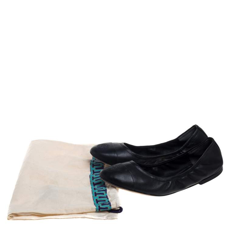 Pre Owned Tory Burch Black Leather Cap Toe Scrunch Ballet Flats Size 37.5 