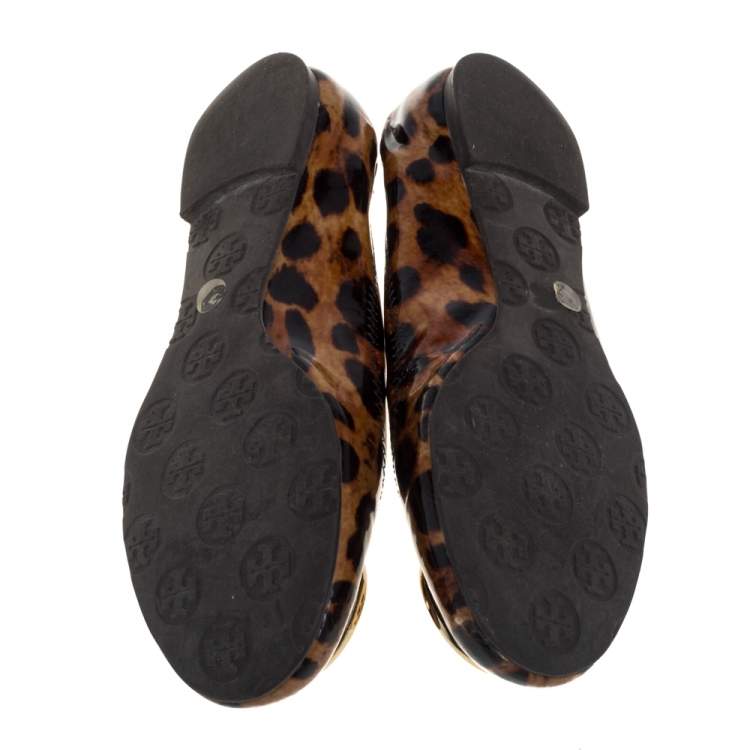 Pre Owned Tory Burch Brown Leopard Print Patent Leather Ballet Flats Size 37