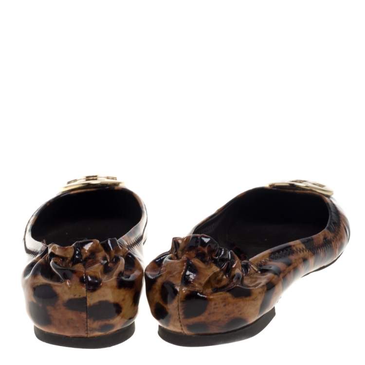 Pre Owned Tory Burch Brown Leopard Print Patent Leather Ballet Flats Size 37