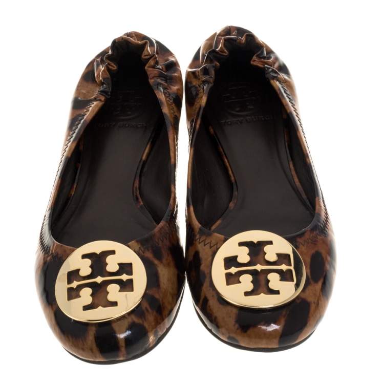 Pre Owned Tory Burch Brown Leopard Print Patent Leather Ballet Flats Size 37