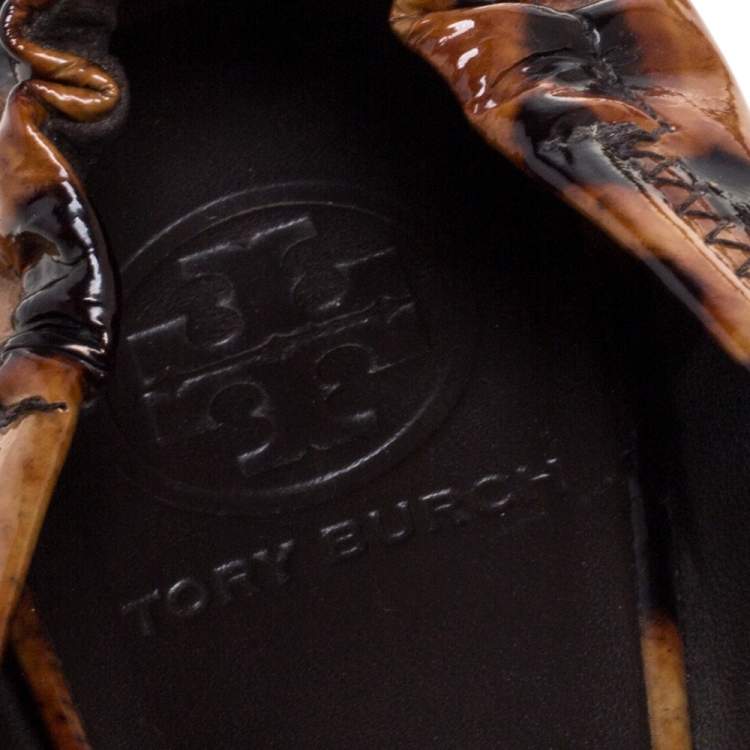 Pre Owned Tory Burch Brown Leopard Print Patent Leather Ballet Flats Size 37
