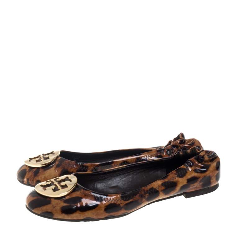 Pre Owned Tory Burch Brown Leopard Print Patent Leather Ballet Flats Size 37
