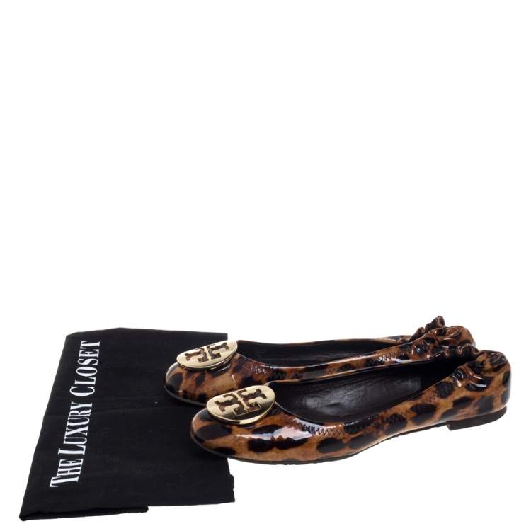 Pre Owned Tory Burch Brown Leopard Print Patent Leather Ballet Flats Size 37