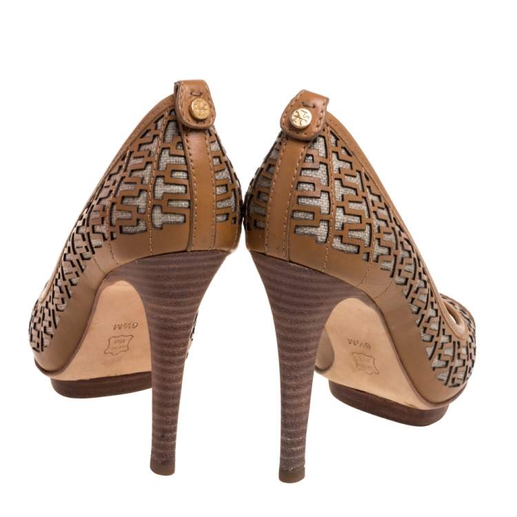 Pre Owned Tory Burch Brown Leather Regan High Heel Peep Toe Pumps Size 36.5
