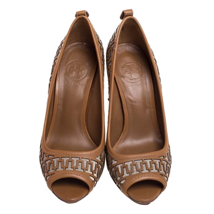 Pre Owned Tory Burch Brown Leather Regan High Heel Peep Toe Pumps Size 36.5