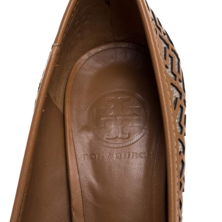 Pre Owned Tory Burch Brown Leather Regan High Heel Peep Toe Pumps Size 36.5