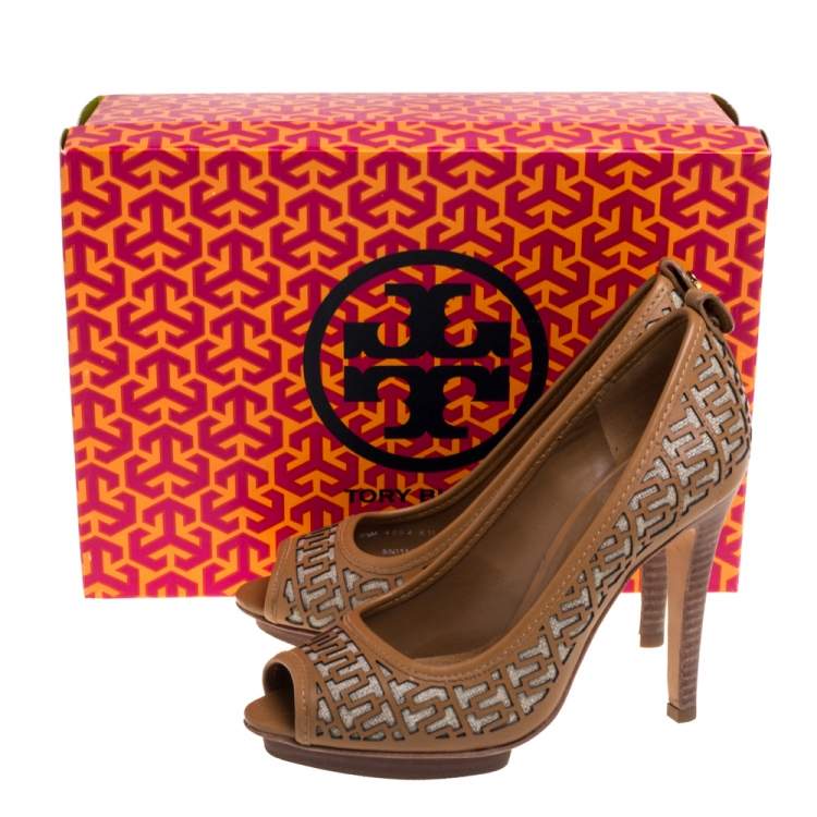 Pre Owned Tory Burch Brown Leather Regan High Heel Peep Toe Pumps Size 36.5