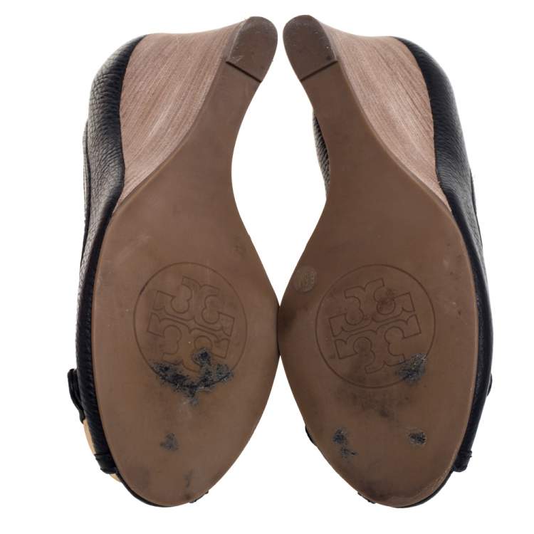 Pre Owned Tory Burch Black Leather Peep Toe Wedge Pumps Size 36.5