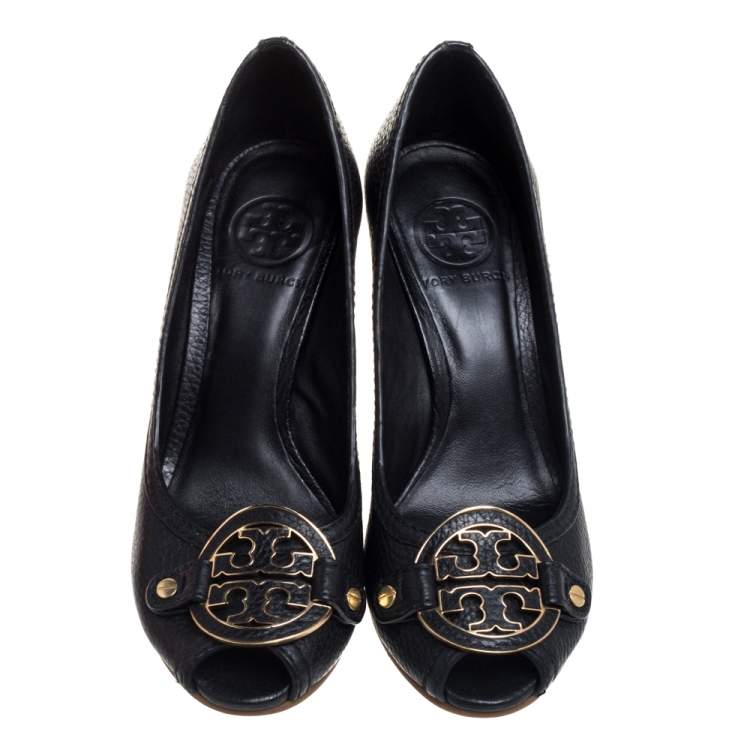 Pre Owned Tory Burch Black Leather Peep Toe Wedge Pumps Size 36.5