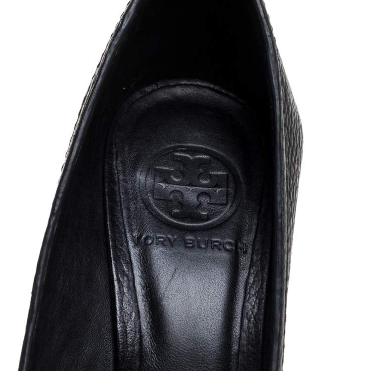 Pre Owned Tory Burch Black Leather Peep Toe Wedge Pumps Size 36.5