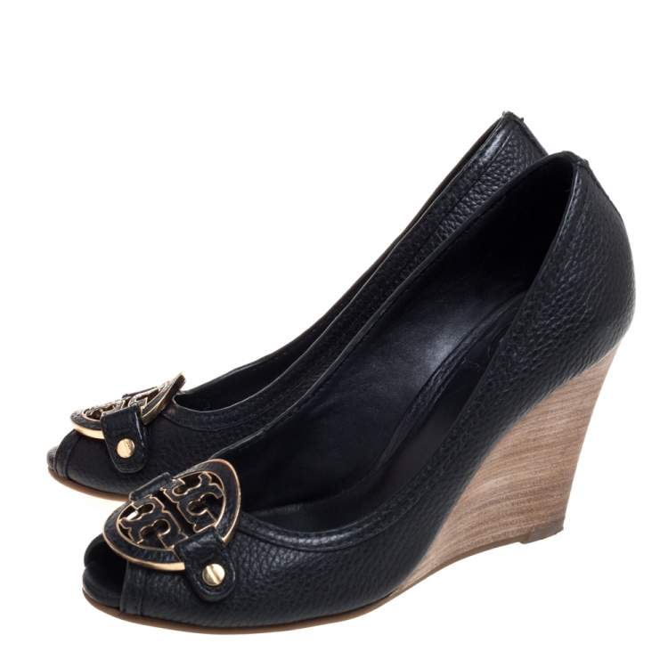 Pre Owned Tory Burch Black Leather Peep Toe Wedge Pumps Size 36.5