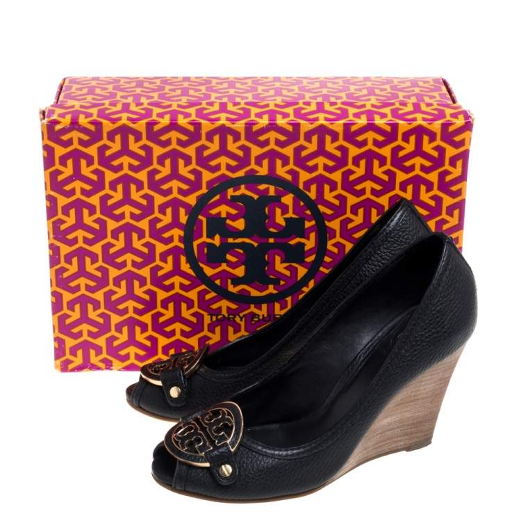 Pre Owned Tory Burch Black Leather Peep Toe Wedge Pumps Size 36.5