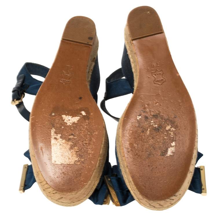 Pre Owned  Tory Burch Blue Fabric And Leather Espadrille Wedge Ankle Strap Sandals Size 37