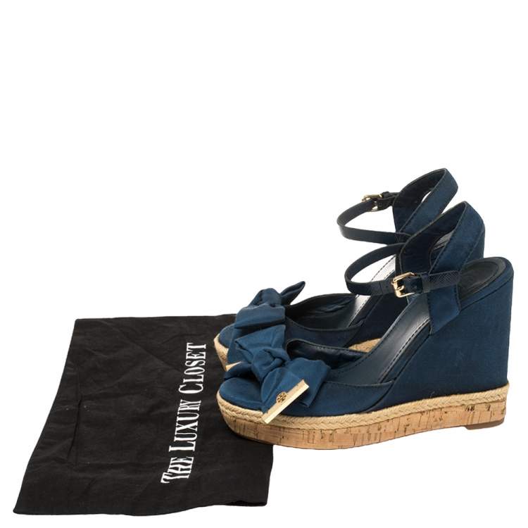 Pre Owned  Tory Burch Blue Fabric And Leather Espadrille Wedge Ankle Strap Sandals Size 37