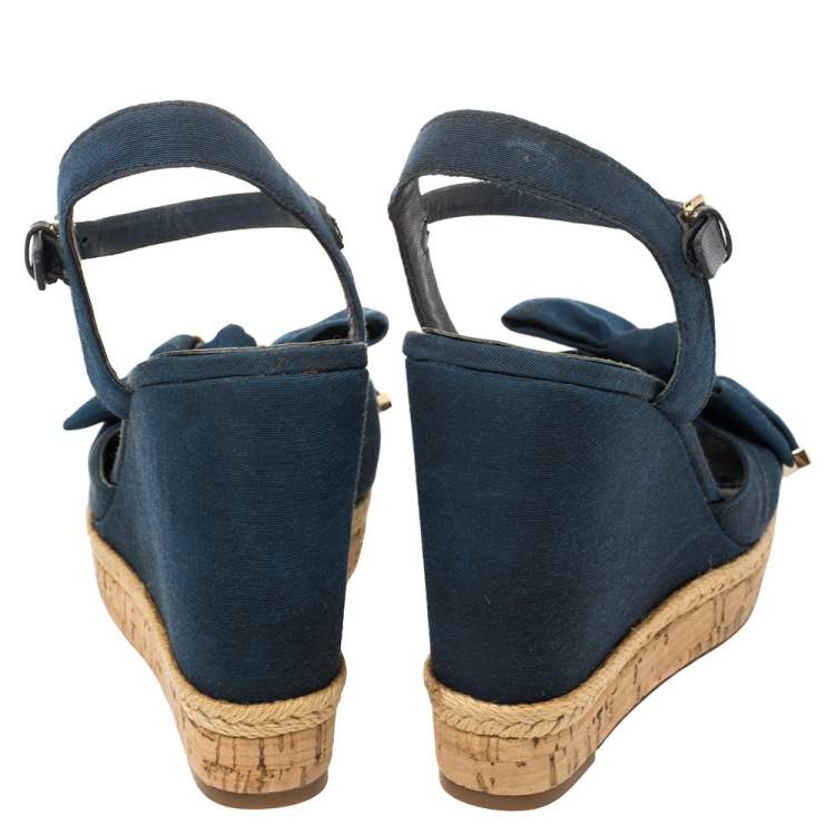 Pre Owned  Tory Burch Blue Fabric And Leather Espadrille Wedge Ankle Strap Sandals Size 37