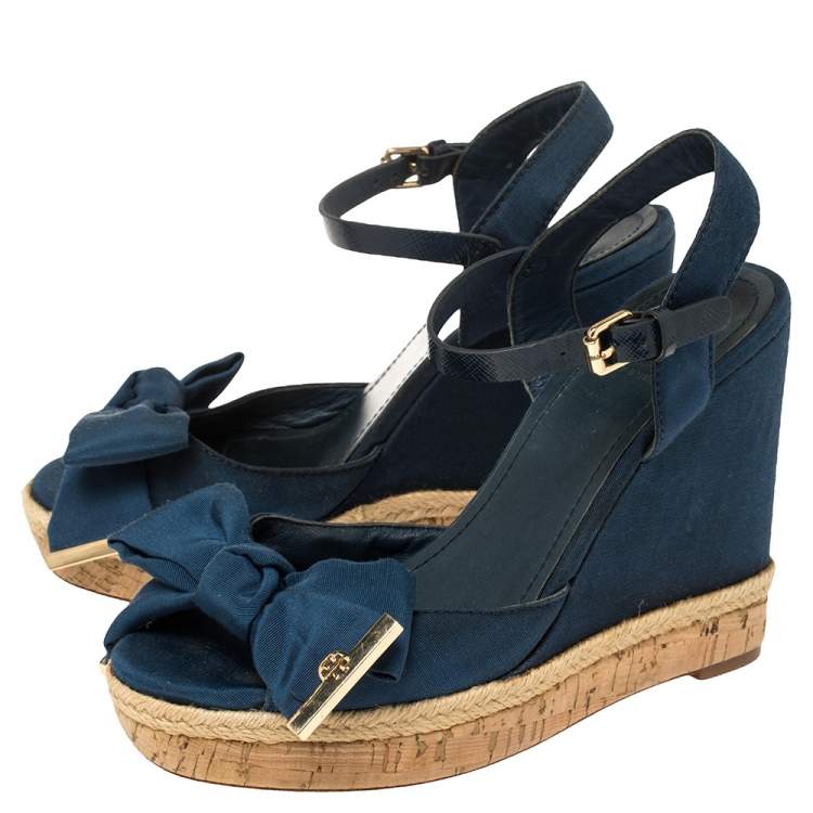 Pre Owned  Tory Burch Blue Fabric And Leather Espadrille Wedge Ankle Strap Sandals Size 37