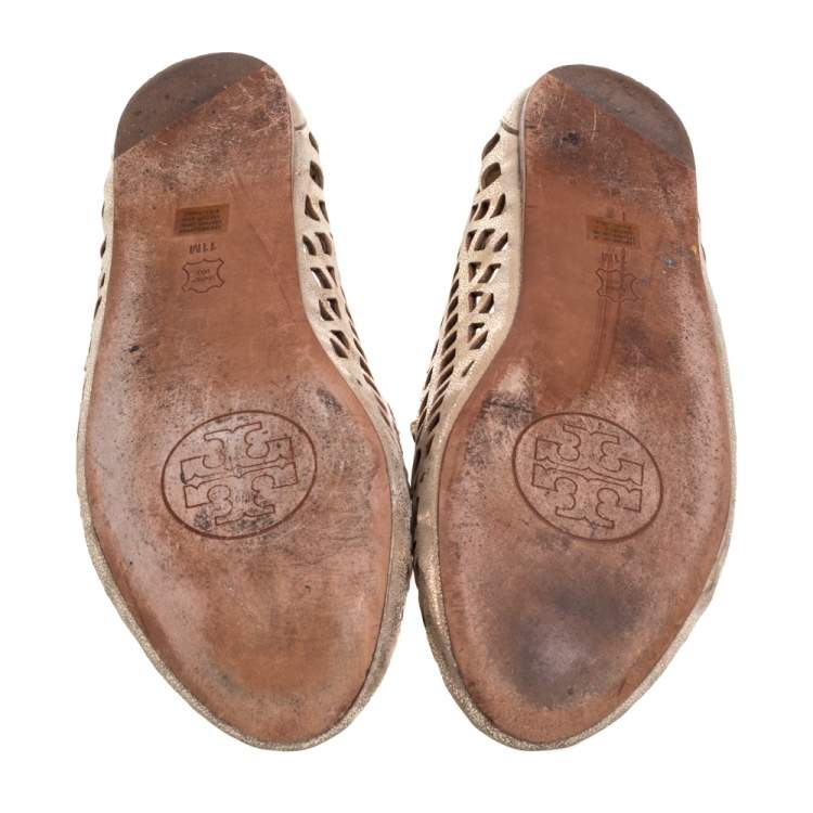 Pre Owned Tory Burch Dull Gold Laser Cut Leather Logo Thatched Espadrille Flats Size 41