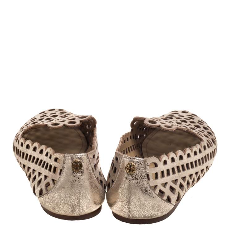 Pre Owned Tory Burch Dull Gold Laser Cut Leather Logo Thatched Espadrille Flats Size 41