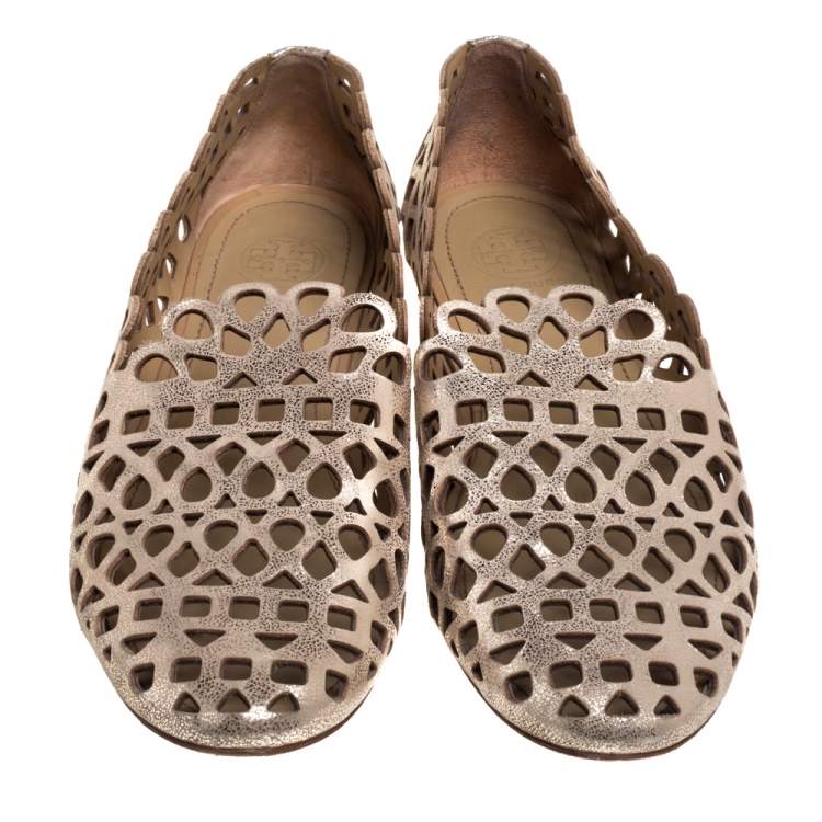 Pre Owned Tory Burch Dull Gold Laser Cut Leather Logo Thatched Espadrille Flats Size 41