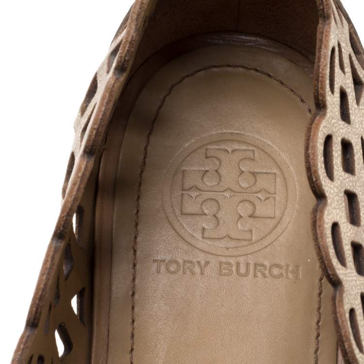Pre Owned Tory Burch Dull Gold Laser Cut Leather Logo Thatched Espadrille Flats Size 41