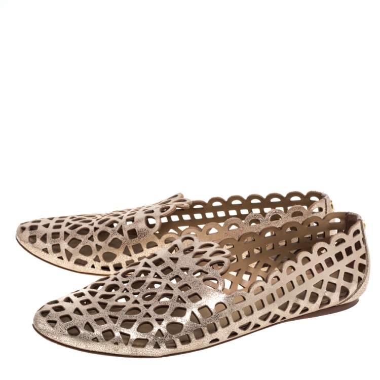 Pre Owned Tory Burch Dull Gold Laser Cut Leather Logo Thatched Espadrille Flats Size 41